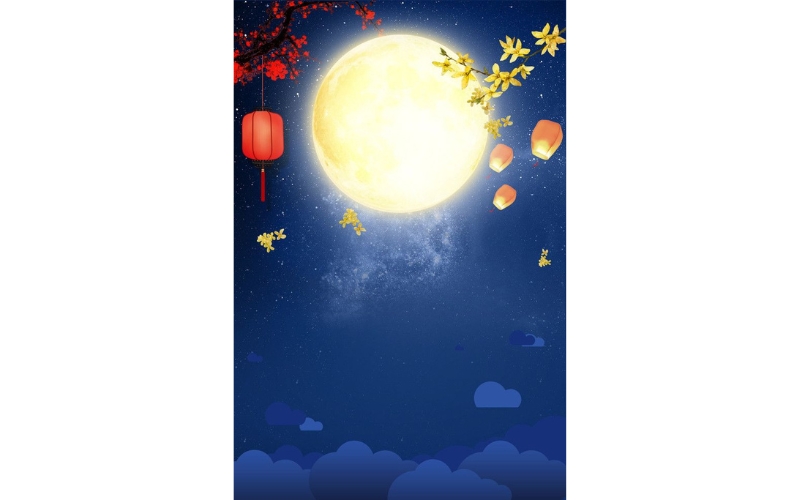 Background cơ bản với hình ảnh trăng rằm cùng lồng đèn treo cao