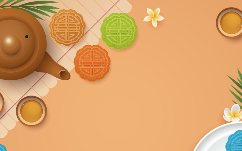 Background Trung Thu sáng tạo với điểm nhấn là trà cùng bánh nướng