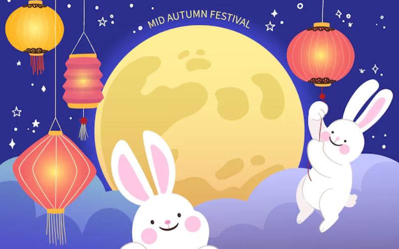 Nền sự kiện rực rỡ, tràn ngập lồng đèn và ánh trăng, khơi gợi không khí lễ hội