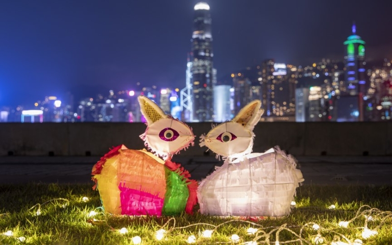 Background thú vị với tâm điểm là hai chú thỏ được làm thủ công