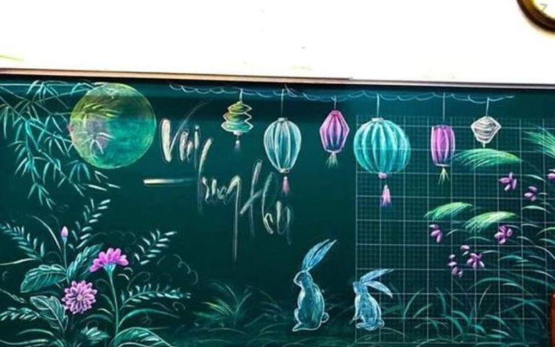 Trang trí bảng lớp học đơn giản với chủ đề trăng rằm