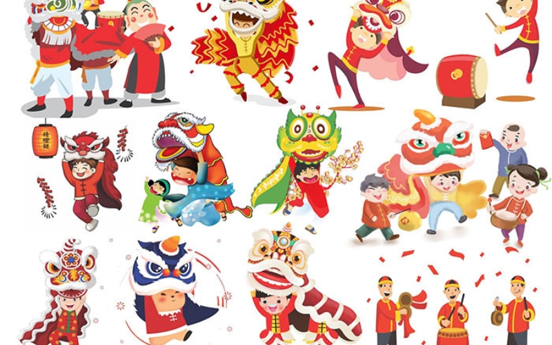 Các tranh về múa lân và múa rồng được thể hiện dưới nhiều hình thức khác nhau