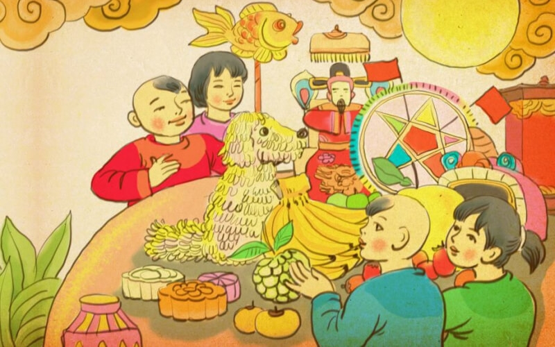 Bức vẽ với trọng tâm là mâm ngũ quả cúng bàn thờ ông bà