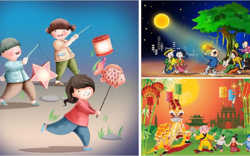Tranh Trung Thu chủ đề rước đèn thường được vẽ bởi các em nhỏ