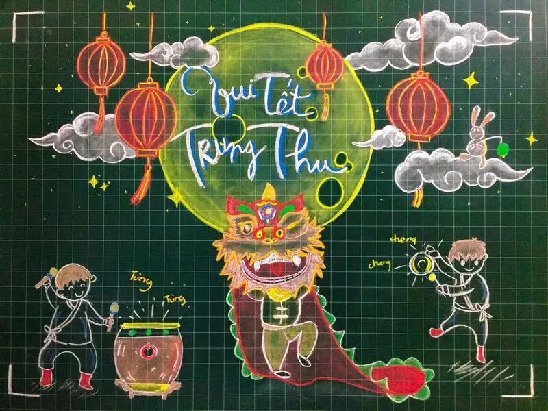 Mẫu trang trí bảng Trung Thu múa dân đánh trống