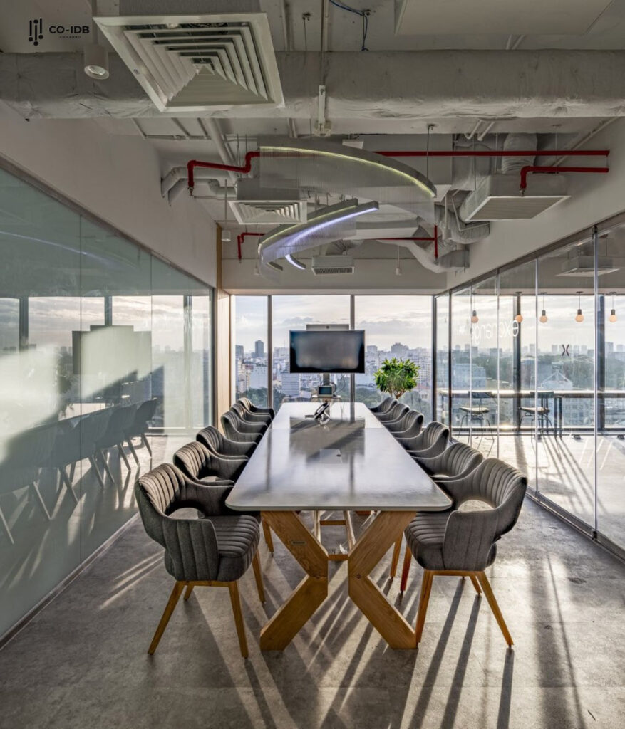 The meeting room space exudes professionalism with a white-grey tone as the main theme