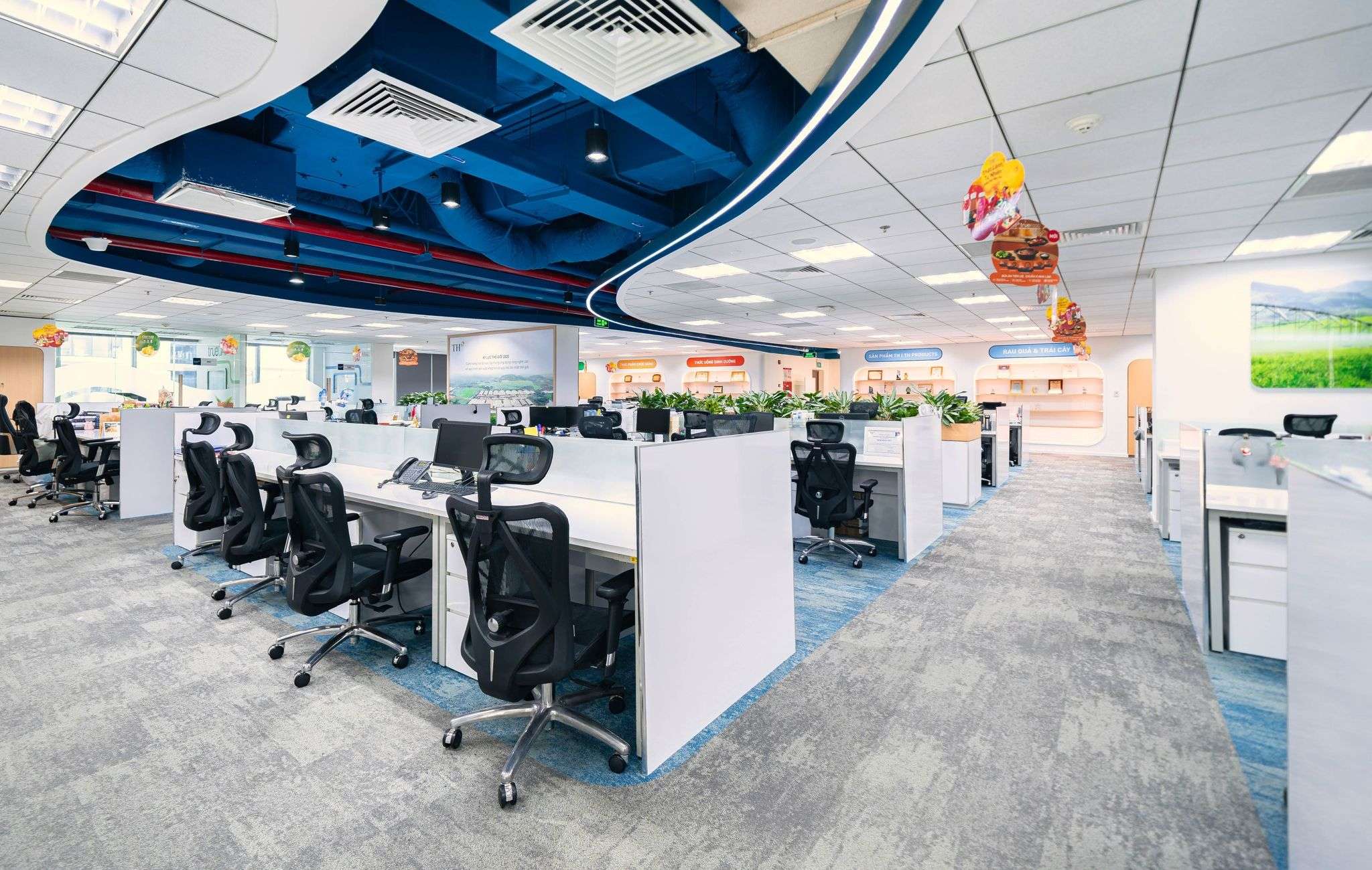 Thiết kế văn phòng làm việc không gian mở với nội thất gỗ và hệ thống trần kỹ thuật.