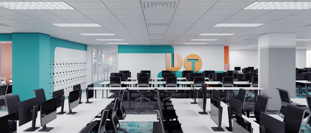 Thiết kế văn phòng Coworking với tone xanh trắng chủ đạo toát lên vẻ tươi sáng