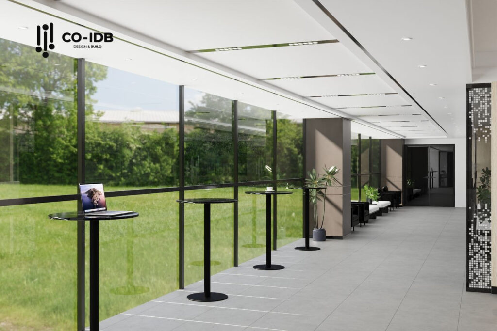 The hallway is designed with glass doors to create a visual effect of a more open space