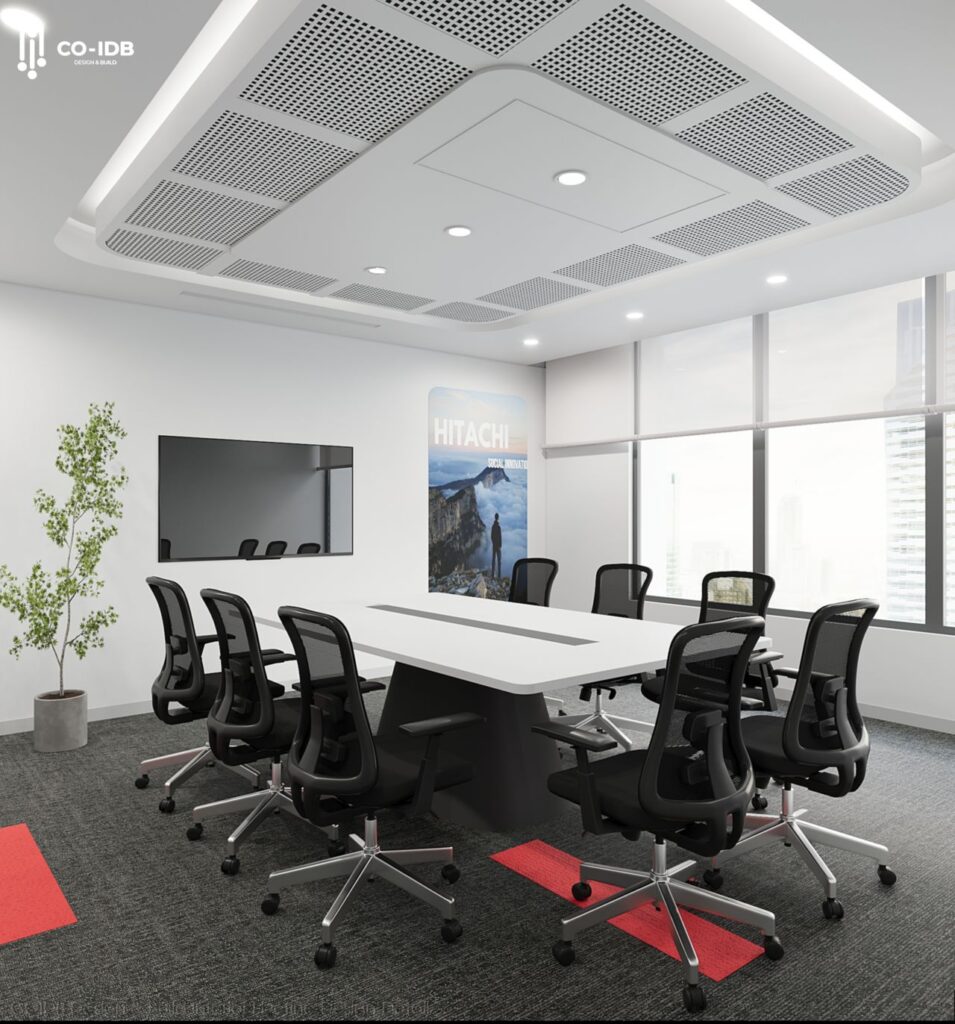 Very beautiful small meeting room with a recessed ceiling system to help create depth for the room