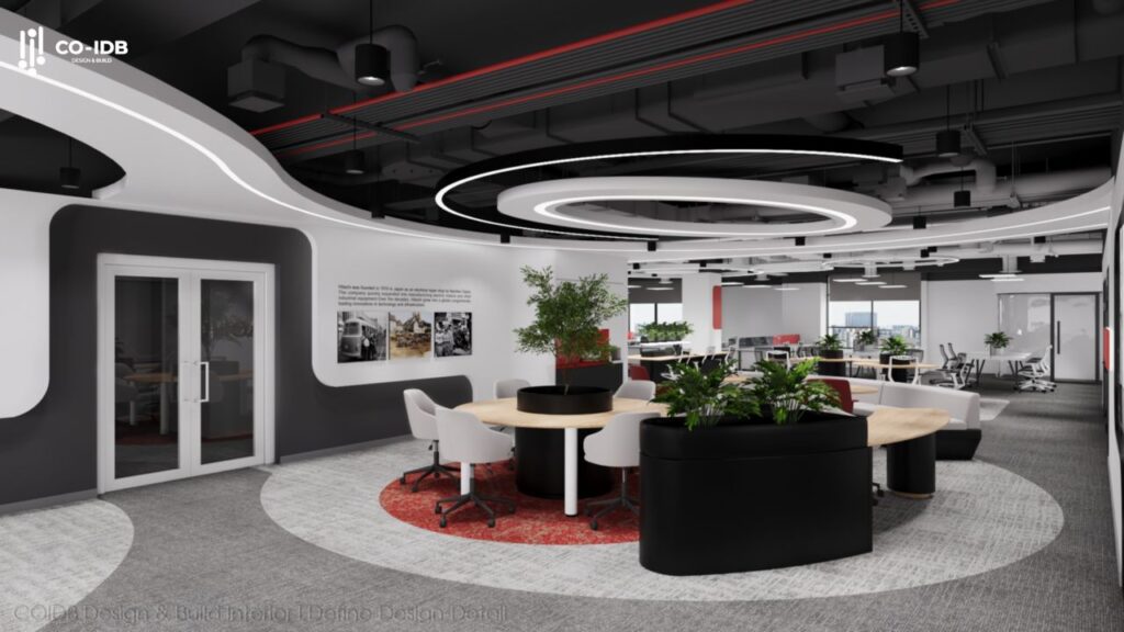 The office space carries a very dynamic Industrial atmosphere